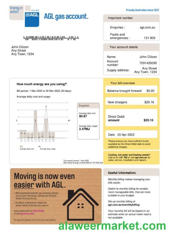 Australia AGL gas utility bill Word and PDF template, version 2